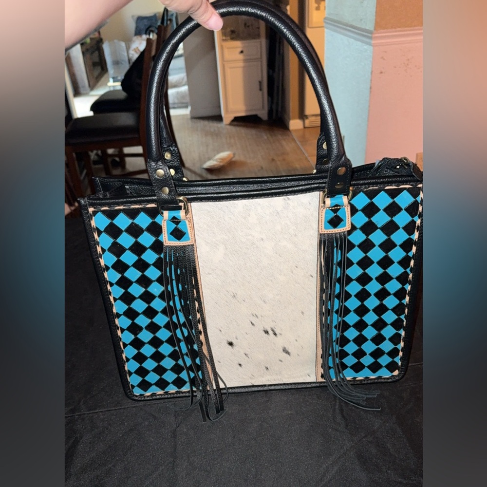 Teal Checkered Satchel/Handbag With Real Cowhide and Matching Wallet